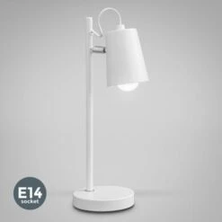Lampada Da Tavolo Bianca, Lampada Da Comodino, Adatta Per Lampadina E14 Non Inclusa Max 20W, Altezza 36.5cm, Paralume Orientabile, Abat-jour Per Camera, Lampada Da Scrivania In Metallo IP20, 230V