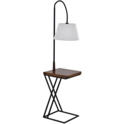 Homcom Lampada Da Terra Con Ripiano In Acciaio E Legno