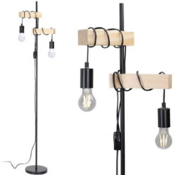 Lampada Piantana Da Terra Legno E Metallo Design Moderno Industriale 2 Luci E27