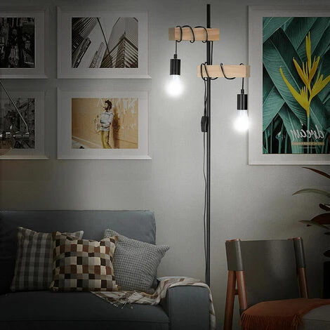 Lampada Piantana Da Terra Legno E Metallo Design Moderno Industriale 2 Luci E27 4 Lampada Piantana Da Terra Legno E Metallo Design Moderno Industriale 2 Luci E27 - immagine 2