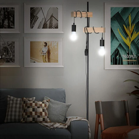 Lampada Piantana Da Terra Legno E Metallo Design Moderno Industriale 2 Luci E27 7 Lampada Piantana Da Terra Legno E Metallo Design Moderno Industriale 2 Luci E27 - immagine 5