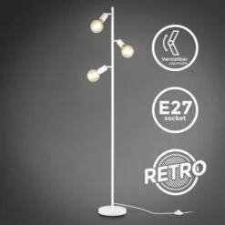 B.K.Licht Lampada Da Terra Retro, Piantana Con Portalampada Orientabili, Adatta Per 3 Lampadine E27 Non Incluse, Lampada A Stelo Per Soggiorno, Interruttore A Pedale, 3 Punti Luce, Metallo Bianco