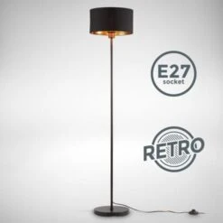 B.K.Licht Lampada Da Terra In Tessuto Nero-oro Attacco Per Lampadina E27 Non Inclusa, Piantana Con Paralume In Tessuto Ø30 Cm, Altezza 1415mm, Interruttore A Pedale