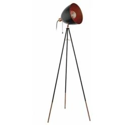 EGLO Lampada Da Terra Treppiede Chester, Lampadario Da Terra Vintage A 1 Luce, Piantana In Acciaio, Nero, Rame, E27, Interruttore A Strappo Incluso