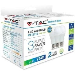 V-TAC VT-2113 SUPER SAVER PACK CONFEZIONE 3 LAMPADINE LED E27 11W BULB A60 1055 Lm Bianco Freddo
