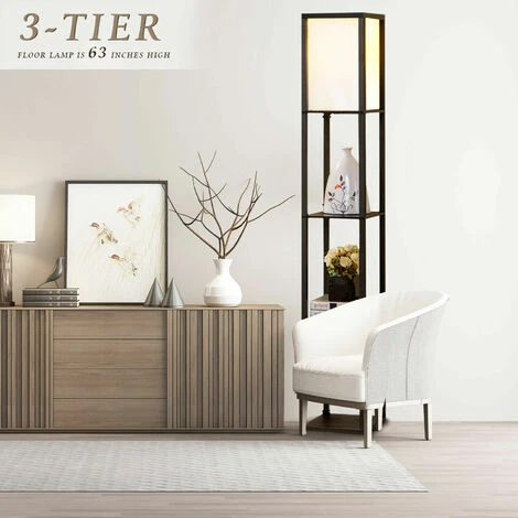 Lampada Da Terra Piantana Con Libreria 3 Livelli Mensola Scaffale In Legno E27 Mensole Moderna 26 X 26 X 160cm Nera 4 Lampada Da Terra Piantana Con Libreria 3 Livelli Mensola Scaffale In Legno E27 Mensole Moderna 26 X 26 X 160cm Nera - immagine 2