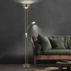 Lampada Da Terra Soffitto Washlight LED Dimmerabile Con Lampada Da Lettura Lampade Da Terra A LED Con Dimmer, Spot Lettura Flessibile Ottone Anticato, 2x LED 16 W 1440 Lm, Bianco Caldo, H 180 Cm