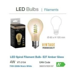 V-TAC VT-2154 LAMPADINA LED E27 Vetro 4W Luce 2200k BULB A60 FILAMENTO COB AMBRATA 360 Lm -Offerta economica OSRAM || Paulmann || ATMOSPHERA 36403939 3