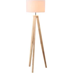 HOMCOM Lampada Da Terra Con Base Treppiede In Legno E Paralume In Tessuto, E27, 45x45x147cm - Bianco/Legno