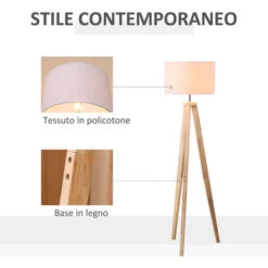 HOMCOM Lampada Da Terra Con Base Treppiede In Legno E Paralume In Tessuto, E27, 45x45x147cm - Bianco/Legno -Offerta economica OSRAM || Paulmann || ATMOSPHERA 49341386 4