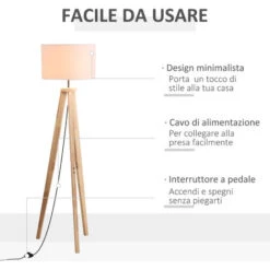 HOMCOM Lampada Da Terra Con Base Treppiede In Legno E Paralume In Tessuto, E27, 45x45x147cm - Bianco/Legno -Offerta economica OSRAM || Paulmann || ATMOSPHERA 49341386 5