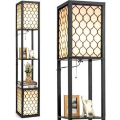 COSTWAY Lampada A Stelo Da Terra, Lampada Scaffale Con 2 Ripiani Di Legno, Luce Per Camera Da Letto Salone Ufficio, 26 X 26 X 156 Cm