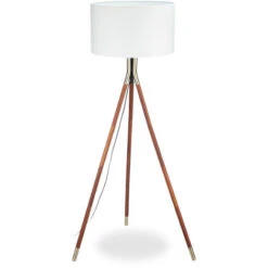 Relaxdays Lampada Da Terra, Salotto, 3 Gambe In Legno, Rifiniture In Ottone, Paralume Ø 48 Cm, H: 150 Cm, Bianco/Marrone