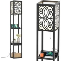 COSTWAY Lampada A Stelo Con Ripiani E Cassetto, Lampada A Piantana Moderna Con 1 Presa Elettrica E 2 Porte USB, Lampada Da Terra Per Salone E Camera Da Letto, 26 X 26 X 160,5 Cm, Modello 2