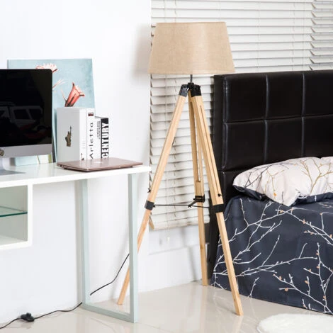 Homcom Lampada Da Terra Design Con Treppiede In Legno Altezza Regolabile, Beige 4 Homcom Lampada Da Terra Design Con Treppiede In Legno Altezza Regolabile, Beige - immagine 2