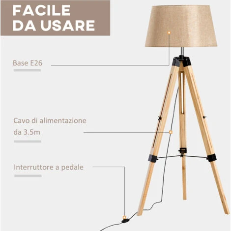 Homcom Lampada Da Terra Design Con Treppiede In Legno Altezza Regolabile, Beige 7 Homcom Lampada Da Terra Design Con Treppiede In Legno Altezza Regolabile, Beige - immagine 5