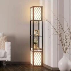 RELAX4LIFE Lampada A Piantana Da Terra In Legno Con 3 Scomparti E Base E27 Per Lampadina (non Inclusa), Lampada A Stelo Moderna Con Ripiani Aperti Per Casa, Soggiorno,Modello 5
