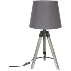 Lampada In Legno Con Treppiede Grigio - Lampada Da Tavolo, Paralume In Cotone E Poliestere, Supporto In Legno, Asta In Ferro, Paralume Nero, Altezza 5 - Atmosphera Créateur D'intérieur