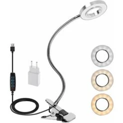 HIASDFLS Lampada A Morsetto LED Flessibile A 360°, Collo Di Cigno, 3 Modalità E 10 Dimmer, Per Testiera, Camera Da Letto, Ufficio, 12 W, Con Adattatore CE, Argento