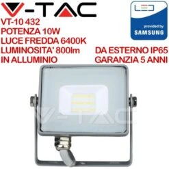 V-TAC PRO VT-10 Faro LED SMD Chip Samsung 10W Colore Grigio IP65 Bianco Freddo - 6400K