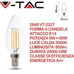 V-TAC VT-2327 Lampadina LED E14 6W Candela A Filamento Bianco Caldo - 3000K