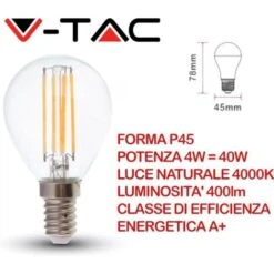 V-TAC VT-1996 Lampadina LED E14 4W P45 Filamento Bianco Naturale - 4000K