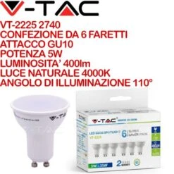 V-TAC VT-2225 Confezione Da 6 Faretti LED GU10 5W 110° Copertura Satinata Bianco Naturale - 4000K
