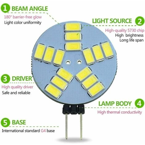 Confezione Da 6 Lampadine LED G4 Dimmerabili, Lampadina Faretto G4 Rotonda CC 12V, 1,5W 240LM, Sostituzione Lampadina Alogena 10W, Illuminazione 120° 4 Confezione Da 6 Lampadine LED G4 Dimmerabili, Lampadina Faretto G4 Rotonda CC 12V, 1,5W 240LM, Sostituzione Lampadina Alogena 10W, Illuminazione 120° - immagine 2