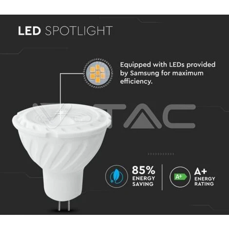 V-TAC PRO VT-267 Faretto LED GU5.3 (MR16) Con Chip Samsung 6,5W 12V 38° Bianco Freddo - 6400K 4 V-TAC PRO VT-267 Faretto LED GU5.3 (MR16) Con Chip Samsung 6,5W 12V 38° Bianco Freddo - 6400K - immagine 2