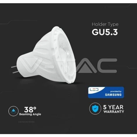V-TAC PRO VT-267 Faretto LED GU5.3 (MR16) Con Chip Samsung 6,5W 12V 38° Bianco Freddo - 6400K 5 V-TAC PRO VT-267 Faretto LED GU5.3 (MR16) Con Chip Samsung 6,5W 12V 38° Bianco Freddo - 6400K - immagine 3