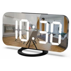 Orologio Digitale A Grande Schermo, Sveglia Elettrica A LED, Superficie Dello Specchio Per Il Trucco Con Modalità Di Regolazione Della Luminosità, 3 Livelli Di Luminosità, Doppia Porta USB, Arredament